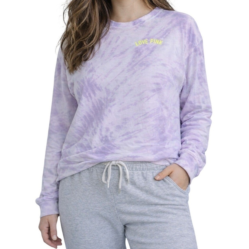Victoria's Secret PINK Long Sleeve Tie Dye T-Shirt Purple White Love Pink M